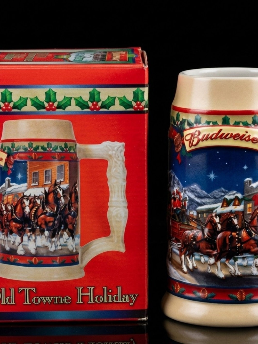 Budweiser Red and Blue Holiday Ceramic Stein with Clydesdales